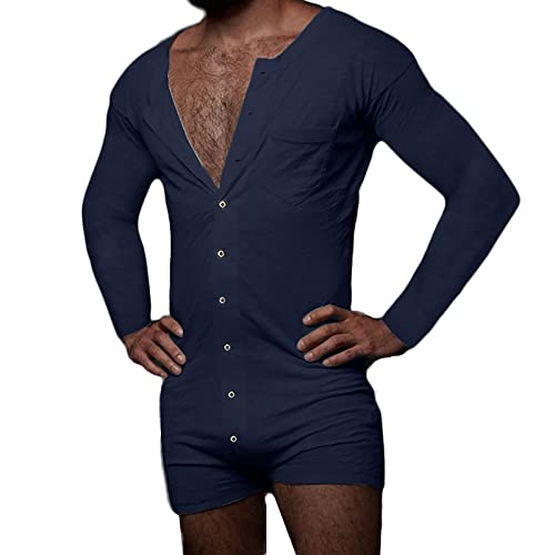 Mens Short Sleeve Onesie Sexy Henley Jumpsuit Pajama One Piece Stretchy Cotton Button Down Shorts Romper Loungewear