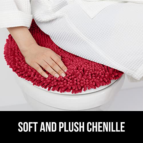 Image of Gorilla Grip Original Shag Chenille Bathroom Toilet Lid Cover, 19.5 x 18.5 Inches Large Size, Machine Washable, Ultra Soft Plush Fabric Covers, Fits Most Size Toilet Lids for Bathroom, Red
