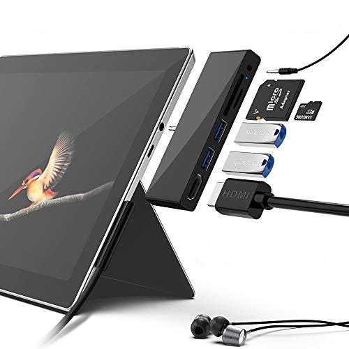 Surface Go USB Hub Extensión de función 6 en 1, puerto USB 3.0 x 2, puerto de salida HDMI 4K, conector para auriculares de 3,5 mm, lector de tarjetas TF / SD (estación de acoplamiento Surface Go)