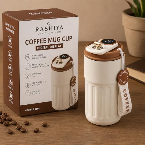 Image of RASHIYA Coffee Mug Cup Digital Display, 316 Stainless Steel Travel Mug,Double Walled Stainless Steel Tumbler, Vacuum Insulated Coffee Mug Leakproof Lid,Multi Colour,Pack of 1