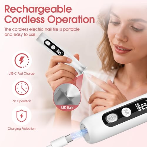 Maniküre/Pedikure Set elektrisch, Nagelfelile, Nagelfraser und Hornhautentfemer mit 10 Aufsatze zur Nagelpflege, mit 10 Geschwindigkeiten, LED Licht, Aufbewahrungstasche