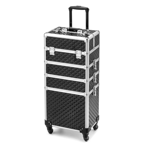 Bonnlo 4 in 1 Rolling Makeup Train Case Aluminum Makeup Travel Organizer Cosmetic Case Cosmetology Display Suitcase on Wheels Beauty Storage Luggage Lockable w/4 Removable Wheels - Black & Silver