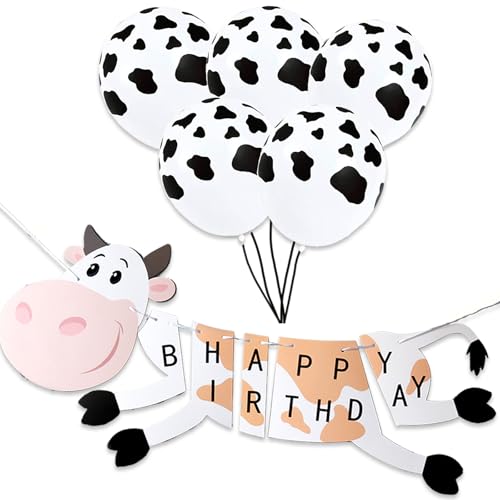 Ovanda Kuh Happy Birthday Banner mit 5 Stück Kuhballon, Kindergeburtstagsdeko, Happy Birthday Girlande, Kuh Geburtstags Banner, Kuh Party Luftballons, Kuh Latex Balloons, Kuh Druck Wimpelkette Banner