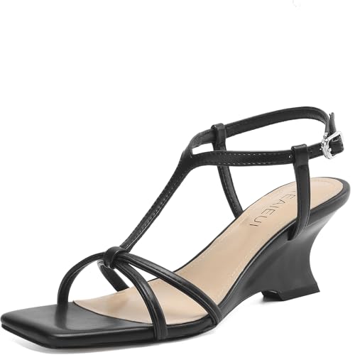 TEAIEUI Women's Black Wedge Sandals Strappy Heels for Women Comfort Wedges Ankle Strap Square Open Toe Heel Evening Wedding Dress Shoes 8.5