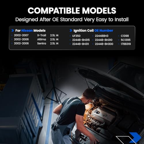 Image of Set of 4 Ignition Coil Pack UF350 Compatible with Nissan Altima Sentra X-Trail XTrail 2.5L L4 2002 2003 2004 2005 2006 2007 Replaces C1398 5C1395 22448-8H315 22448-8H310 22448-8H300 uf-350
