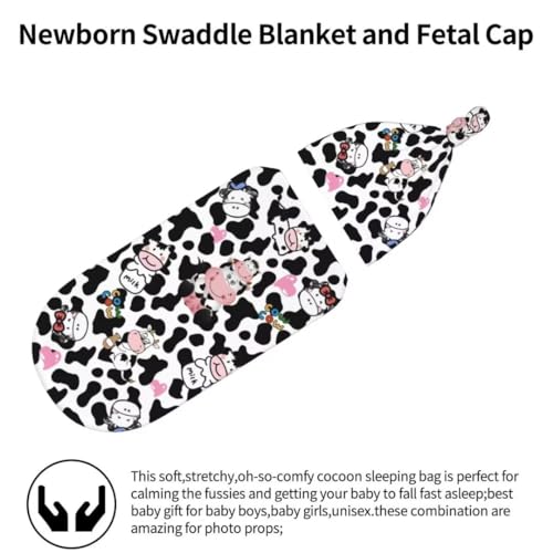 Image of Cute Cow Print Newborn Swaddling Blanket Beanie Hat Sets Soft Baby Receiving Funny Cattle Blanket Soft Sleeping Bag New Born Soft Sleep Sacks for Boys Girls