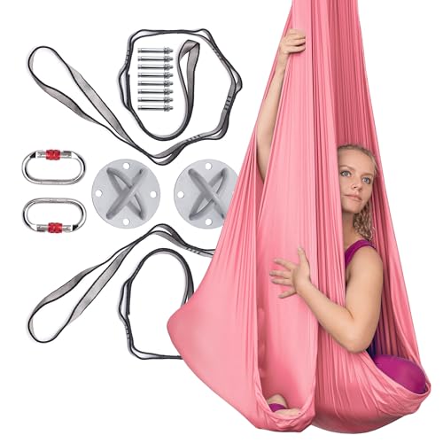 Aerial Silks Hammock Kit for Home – Premium Nylon Tricot Yoga Swing with Complete Hardware & Rigging Set for Yoga, Acrobatics and Gymnastics Training (Aerial silk - Pink)