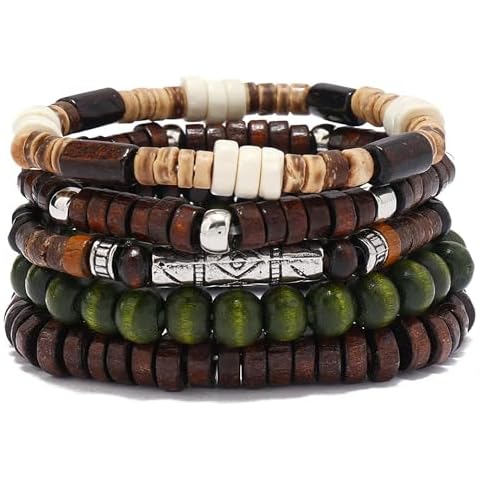 EGOINA Wooden Beads Stretch Bracelet Multi-Layered Stretch Bracelet for Women Men Elastic Bracelet 5pcs，A-01 Cover
