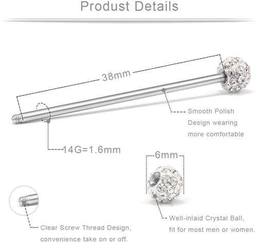 14g Industrial Piercing Jewelry Barbell Surgical Steel Cartilage Earrings CZ Industrial Earring Crystal Ferido Industrail Piercing 1 1/2"(38mm) Bar Length For Women3