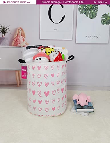Image of Laundry Hamper Large Canvas Fabric Storage Basket Pink hearts | Organizer Bin Dirty Clothes Collapsible Waterproof for College Dorms, Boys and Girls Bedroom,Bathroom