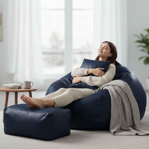 Image of Luxury 5XL Jumbo Bean Bag with Footrest & Cushion | Premium Leatherette | High-Density Beans Filled | Heavy Duty Double Stitch | 6 Months Warranty Color- (Navy Blue) (Navy Blue)