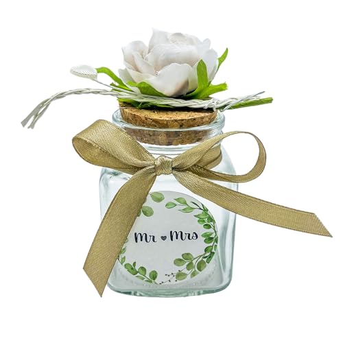 Ingrosso e Risparmio Set 12PZ Barattolini Portaconfetti con Fiore su Tappo di Sughero 12 Bustine Confetti 12 Adesivi Personalizzabili Nastro Fiocco Matrimonio Comunione Cresima (Tortora)