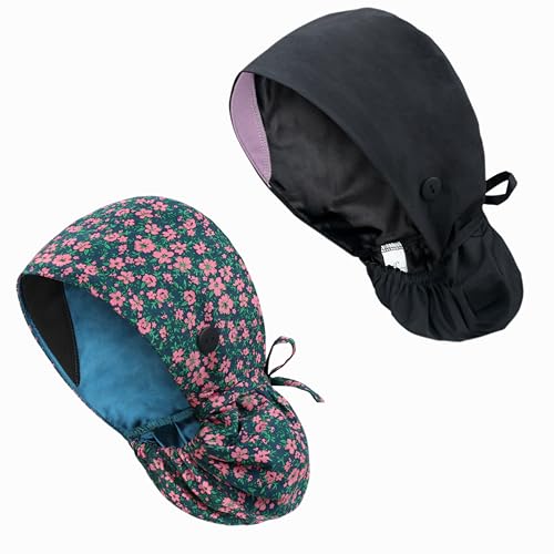 Image of Satin Lined Scrub Cap for Women, Bouffant Nurse Cap with Sweatband and Buttons, Adjustable Surgical Hat for Curly Hair, Braids, Long Hair and Buns, Blossom Pink&Blk