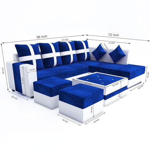 Image of RECTART Luxe 8 Seater L Shape Sofa Set | 2 Ottoman, 6 Small Pillow with Coffee Table for Living Room Furniture (Brown & Cream, 8 Seater) (Blue & White, 8 Seater) - Wood