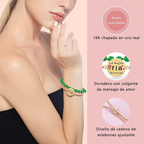 LParkin Doble Cuenta Pulsera Regalos la mejor Tía del mundo, Pulsera Personalizada Mujer Acero Inoxidable Ajustable, Regalo Cumpleaños Original, Oro3