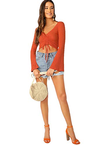 Image of SweatyRocks Women's Adjustable Drawstring String Long Bell Sleeve Rib Knit Sexy Crop Top