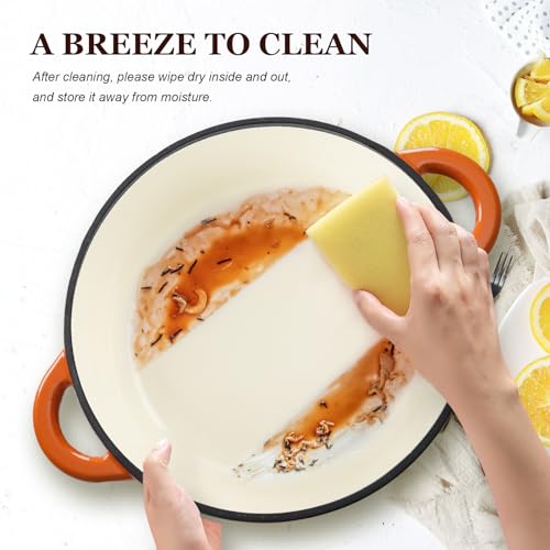 Overmont 28cm/6.6L Enamelled Cast Iron Round Casserole Pot With Lid Cookbook & Cotton Potholders - Non-stick Dutch Oven Cookware for Braising, Stews, Roasting, Bread Baking - Pumpkin, 7QT