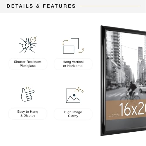 MCS Trendsetter 16x20 Poster Frame Black High-Gloss, Vertical & Horizontal Wall Hanging Large Picture Frame for Photos, Posters & Art Prints (2-Pack)