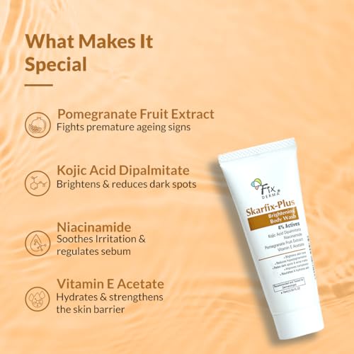 Image of Fixderma Skarfix Plus Brightening Body Wash with 4% Actives (Kojic Acid, Niacinamide Acid, & Vitamin E) | Skin Whitening Body Wash Shower Gel Women & Men | For Hyperpigmentation - 15ml (Pack of 2)