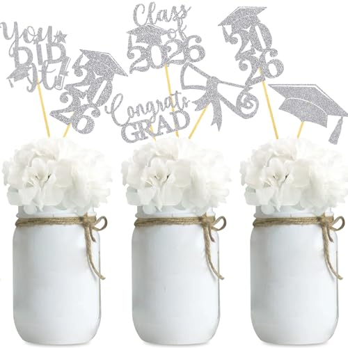 Image of Graduation Centerpiece Sticks 24PCS Glitter Grad Picks Party Table Decor Senior High School College Sign Silver