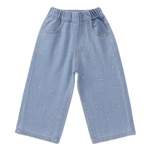 Beessbest Toddler Girl's Rhinestone Wide Leg Jeans Streetwear Elastic Waist Denim Pants with Pockets