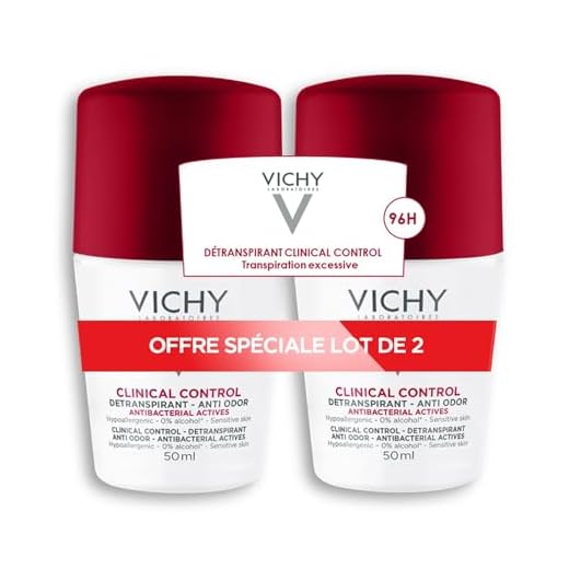 Vichy Clinical Control 96h - Desodorante en roll-on para mujer, antisudor y olores, antibacteriano, hipoalergénico, sin alcohol, para pieles sensibles, 2 x 50 ml
