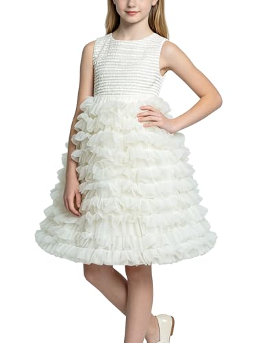Glorycat Flower Girl Dress Weeding Guest Dresses Layered Ruffled Formal Pageant First Communion for Casual Party White Little Kids 7-8Y