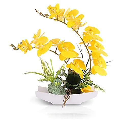 Yobansa Decorativos Real Touch Orquídea falsa Bonsai Flores artificiales con imitación Macetas de porcelana Phalaenopsis Composición floral para la decoración del hogar Cover