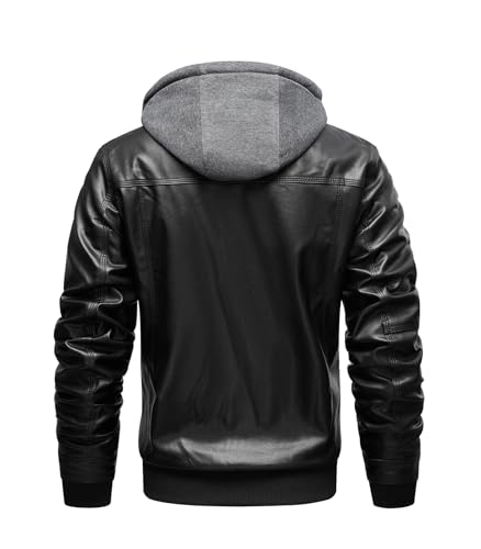 FTIMILD Men's Faux Leather Jacket Motorcycle Jacket Waterproof Windproof PU Vintage Bomber Jacket with Removable Hood2