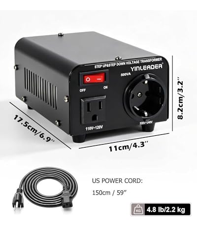Image of Yinleader 110v to 220v European Voltage Converter Transformer 500W | Step Up Converter 110 /120 Volt to 220 /230 /240 Volt or Step Down 220 to 110,[110V US Power Cord Included Only, No 220V Cord]