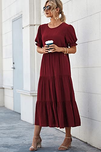 Image of PRETTYGARDEN Women's Short Sleeve Midi Floral Dress | Long Flowy Boho Sun Dresses, Tiered A Line, Elastic Waist, Casual Spring Summer Outfits for Beach Wedding, Vacation, Cruise