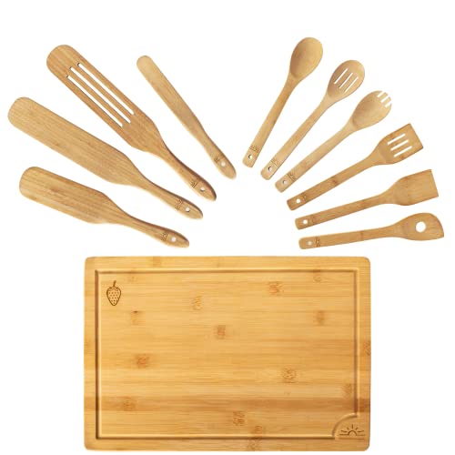 Bamboo Kitchen Utensils and Wooden Spurtle Set with Bamboo Cutting Board! 11pc Gift Pack. 1x Wood Chopping Board, 4x Bamboo Spurtles, 6x Bamboo Utensils Set. 15x10' Large Cutting Board Set SOL LIBRA