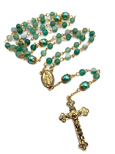 Nazareth Store Catholic Gold Rosary Necklace Matte Stone Beads Green Pearl Round Beads Miraculous Medal & Cross - Velvet Bag3