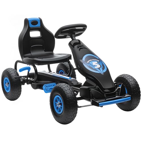 HOMCOM Kart à pédales pour Enfant Go-Kart véhicule à pédale siège réglable 3 Positions Frein à Main pneus antidérapant Enfant de 5 à 12 Ans métal + PP Bleu Noir