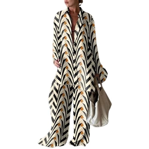 Womens 2 Piece Pants Outfits Set Boho Stripe Long Sleeve Button Down Shirts Blouses Tops Wide Leg Pants Sets