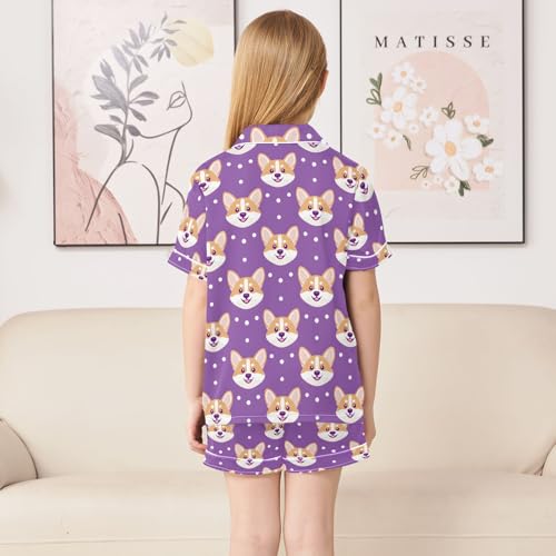 Purple Pattern Cute Dogs Summer Satin Pajama Set, Cute Button-Down Sleepwear Pj Set for Sleep Wears4