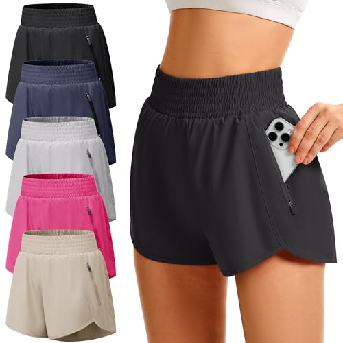 TVKSOM Women's Athletic Workout Shorts High Waisted with Zipper Pockets Gym Elastic Running Shorts for Women Casual
