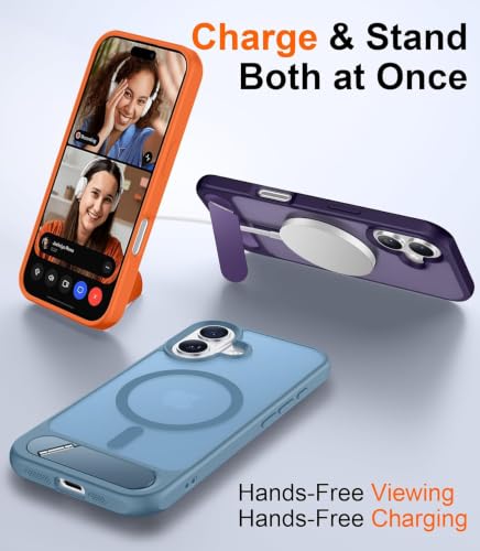 Image of Elzzi Translucent Matte Kickstand Case for iPhone 17, Built-in Adjustable Stand, Translucent Matte Magnetic Mag-Safe Shockproof Phone Cover (Official Blue - Kickstand)