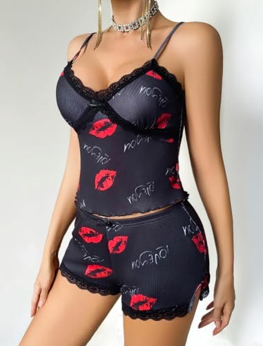 Image of Avidlove Women's Soft Ribbed Knit Cami Pajama Set Sexy V Neck Lace Trim Sleepwear Side Slit Shorts Lingerie Nightwear