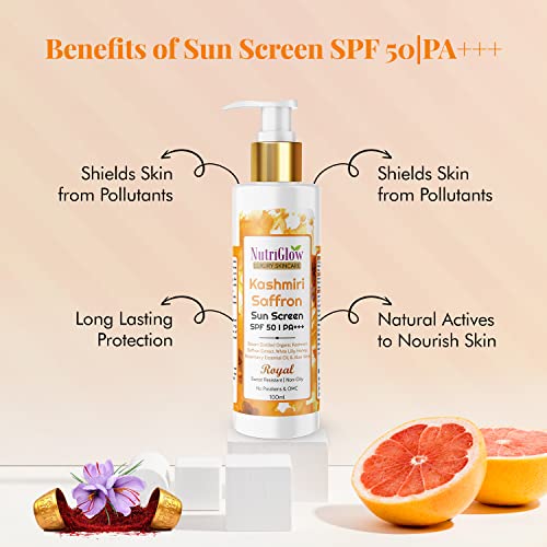 NutriGlow Kashmiri Saffron Sunscreen 50 PA+++ | for Non-Greasy, Anti-Aging Skin| Tan Treatment with Broad Spectrum| Paraben and Sulphate Free| for... - Image 2