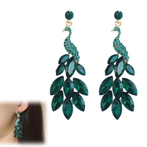 LQIOACU Pendientes de pavo real, pendientes largos llamativos con cristales de imitación para mujer, para baile de graduación, 1 par