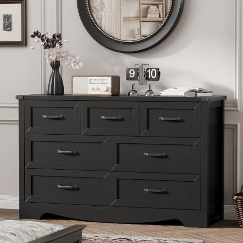 Image of Dresser for Bedroom with 7 Drawers, 48 inch Wide Modern Chest of Drawers with Deep Drawers & Mental Handle, Wood Dresser TV Stand, Wooden Closet Storage Organizer for Living Room, Hallway, Entryway, Black