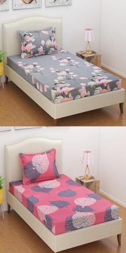 Image of Microfiber 186 tc Pack of 2 Flat Single Sheet Combo Pack | Diwan | Bedsheets for Summer Breathable | Wrinkle Free (Size-60 X 90 Inch) with 2 Pillow Cover 60 x 90 Inches, Floral, Grey & Pink