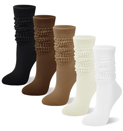 5 Pairs Slouchy Socks for Women, Soft Cotton Long Scrunch Tube Stockings, Casual Crew Boot Thick Knit Slouch Socks