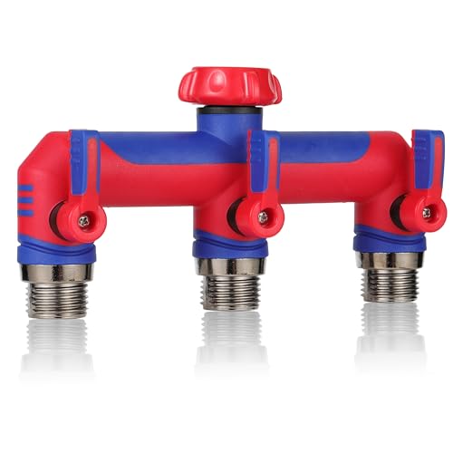3 way Hose SplitterGarden Hose Connector and Outdoor Faucet Splitter with Shutoff Valves Hoses Adapter -T Water Spigot Splitter Water Pipe Connector3/4 GHT Thread For Home Outdoor Gardenred blue