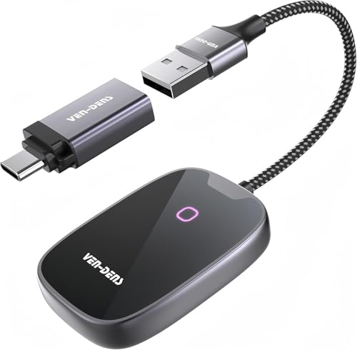 VEN-DENS Wireless CarPlay Adapter Dongle for iPhone iOS 10+, Plug & Play, Converts Wired to Wireless, Supports Navigation, Music, Voice Assistant, Calling, Compatible with Cars from 2015 VEN-DENS Wireless CarPlay Adapter Dongle for iPhone iOS 10+, Plug & Play, Converts Wired to Wireless, Supports Navigation, Music, Voice Assistant, Calling, Compatible with Cars from 2015