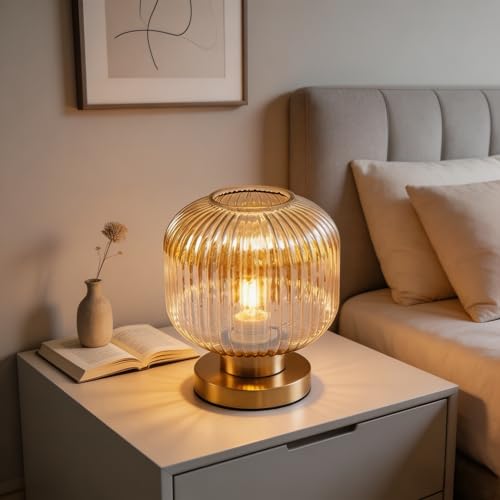 NKU Mid Century Modern Dimmable Table Lamp with Vintage Amber Ribbed Glass Globe...