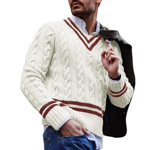 Mens Fashion Knitted Sweater Color Block Striped Thermal Sweater V Neck Jacquard Warm Tops Fall Winter Pullover Tops