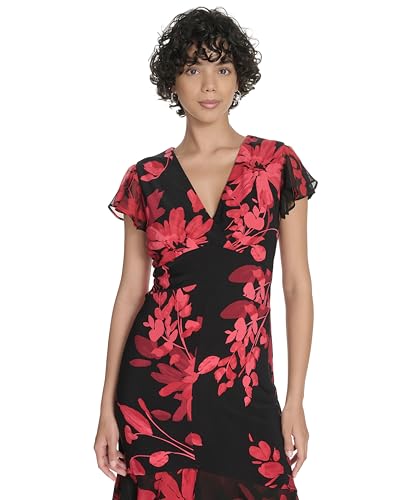 Image of Tommy Hilfiger Women's Flutter Sleeve V-Neck Ruffle Trim Hi-Lo Midi Dress