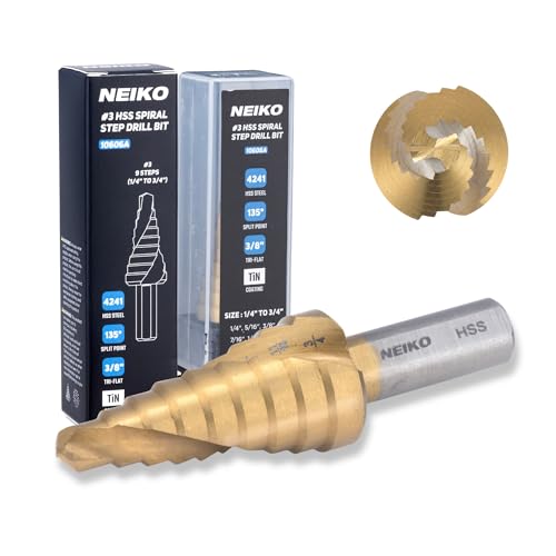 Image of NEIKO 10606A Step Drill Bit, 9 Steps 1 /4 inch to 3 /4 inch Spiral High Speed Steel, Titanium Nitride Coated, 3 /8 inch Tri Flat Step Bits for Steel, Metal, Wood, Plastic, Unibit Cone Drill Bits, Two Flute